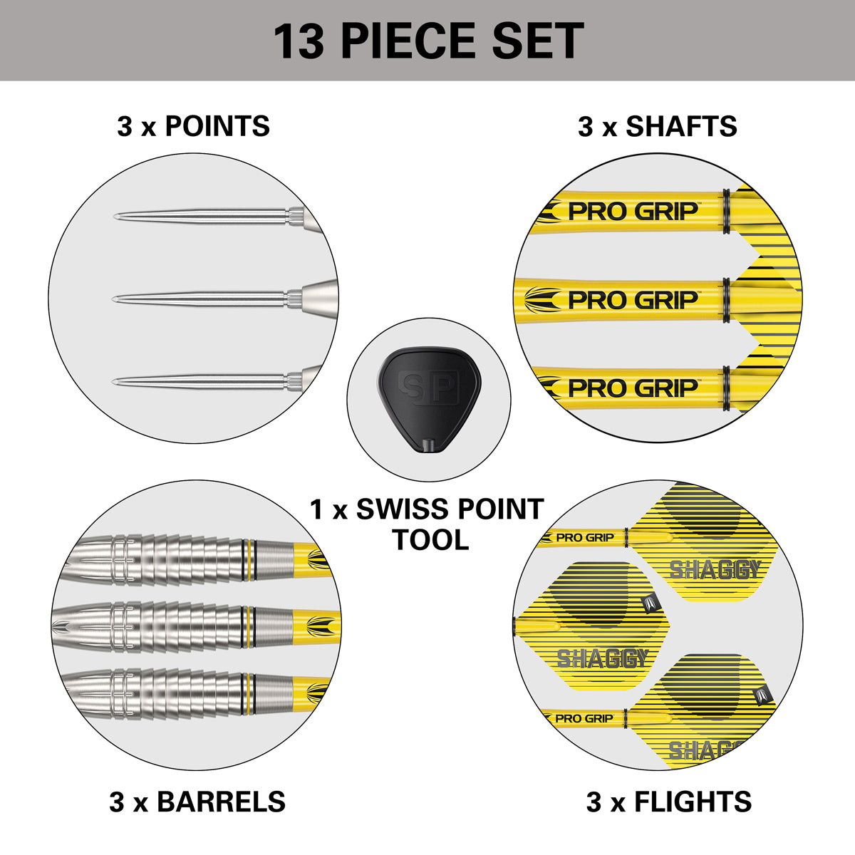 Scott Williams G1 Steel Tip Darts contents image displaying all included accessories and components inside the box