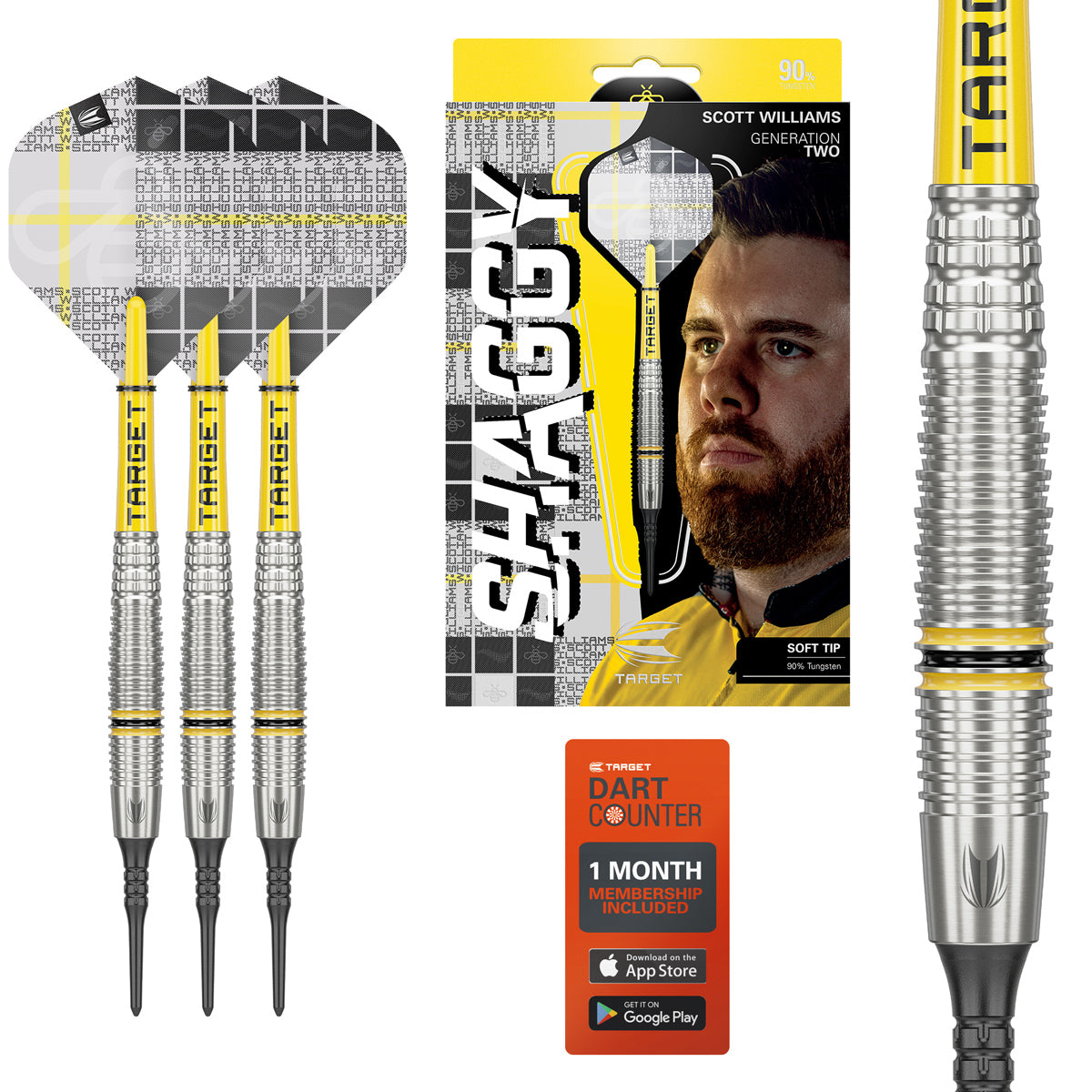 Scott Williams G2 Soft Tip Darts main product image showing the darts, packaging, flights, shafts, and included accessories