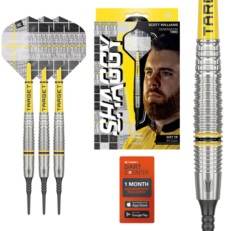 Scott Williams G2 Soft Tip Darts main product image showing the darts, packaging, flights, shafts, and included accessories