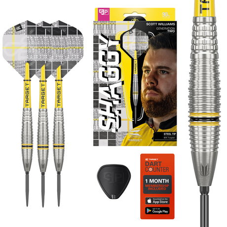 Scott Williams G2 SP Steel Tip Darts main product image showing the darts, packaging, flights, shafts, and included accessories