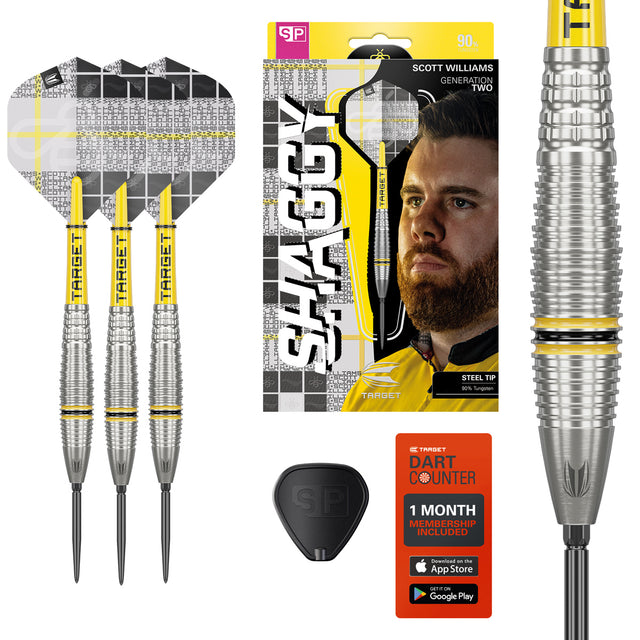 Scott Williams G2 SP Steel Tip Darts main product image showing the darts, packaging, flights, shafts, and included accessories