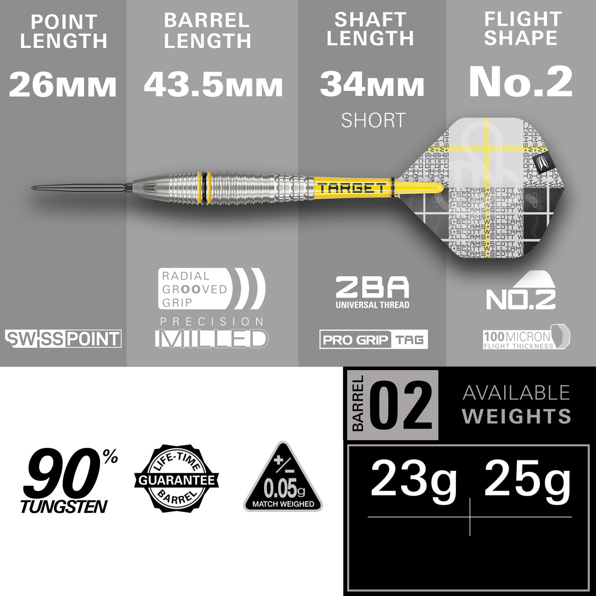 Scott Williams G2 Steel Tip Darts specifications image showing barrel dimensions, weight, and technical details