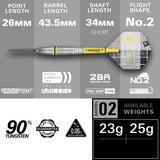 Scott Williams G2 Steel Tip Darts specifications image showing barrel dimensions, weight, and technical details