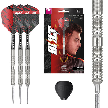Sebastian Bialecki SP Steel Tip Darts main product image showing the darts, packaging, flights, shafts, and included accessories