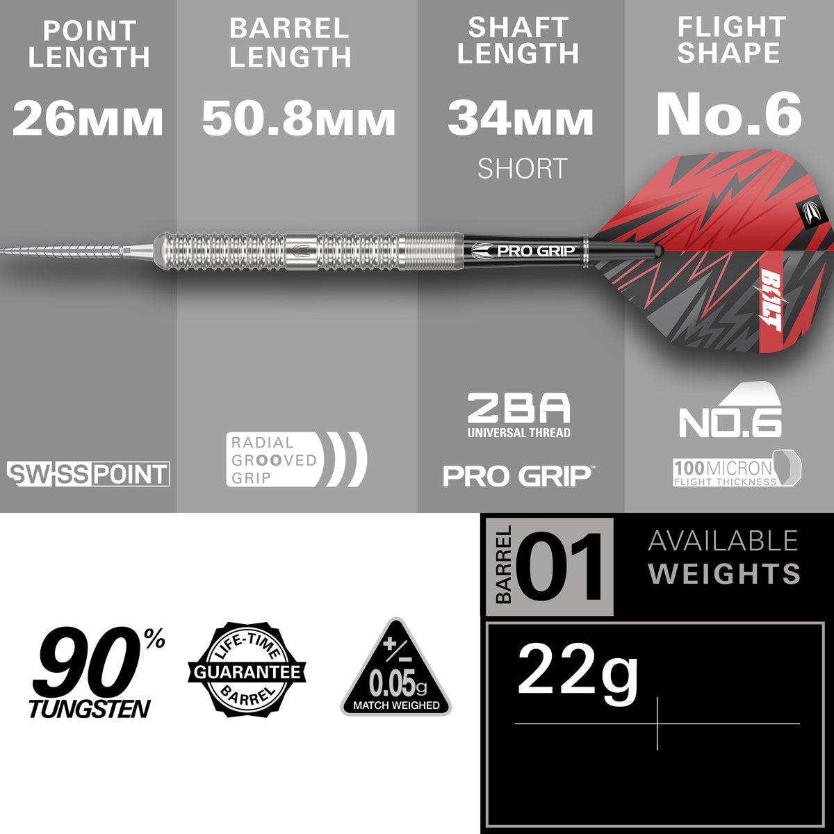 Sebastian Bialecki Steel Tip Darts specifications image showing barrel dimensions, weight, and technical details