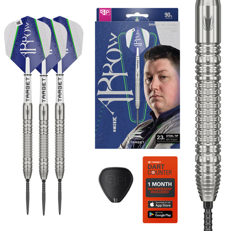 Shane McGuirk SP Steel Tip Darts main product image showing the darts, packaging, flights, shafts, and included accessories