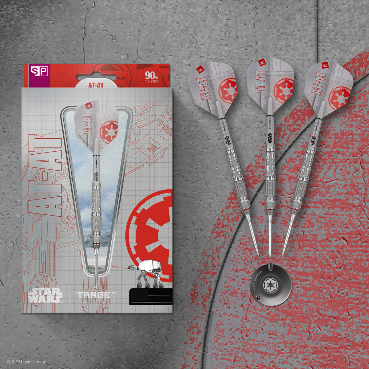 STAR WARS™ AT AT darts lifestyle image featuring a premium darts setup inspired by the Galactic Empire