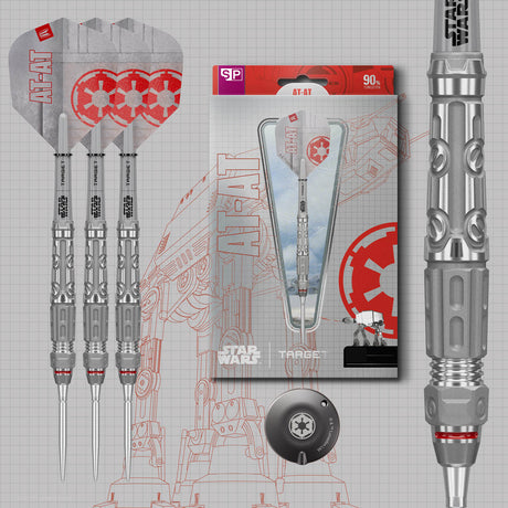 STAR WARS™ AT AT Steel Tip Darts main product image showing the darts, packaging, flights, shafts, and included accessories