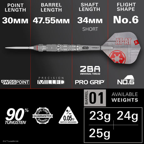 STAR WARS™ AT AT Steel Tip Darts specifications image showing barrel dimensions, weight, and technical details