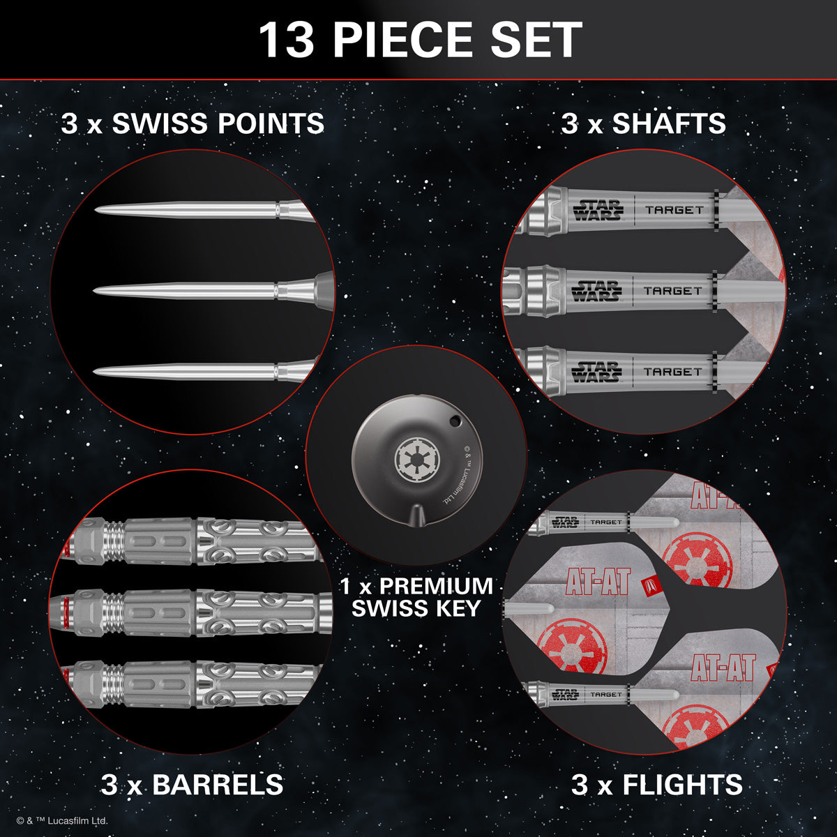 STAR WARS™ AT AT Steel Tip Darts contents image displaying everything included inside the box