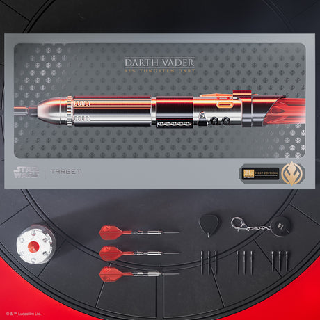 STAR WARS™ Darth Vader Sith Lord Lightsaber First Edition Steel Tip Darts main product image showing the darts, collector packaging, flights, shafts, and included accessories