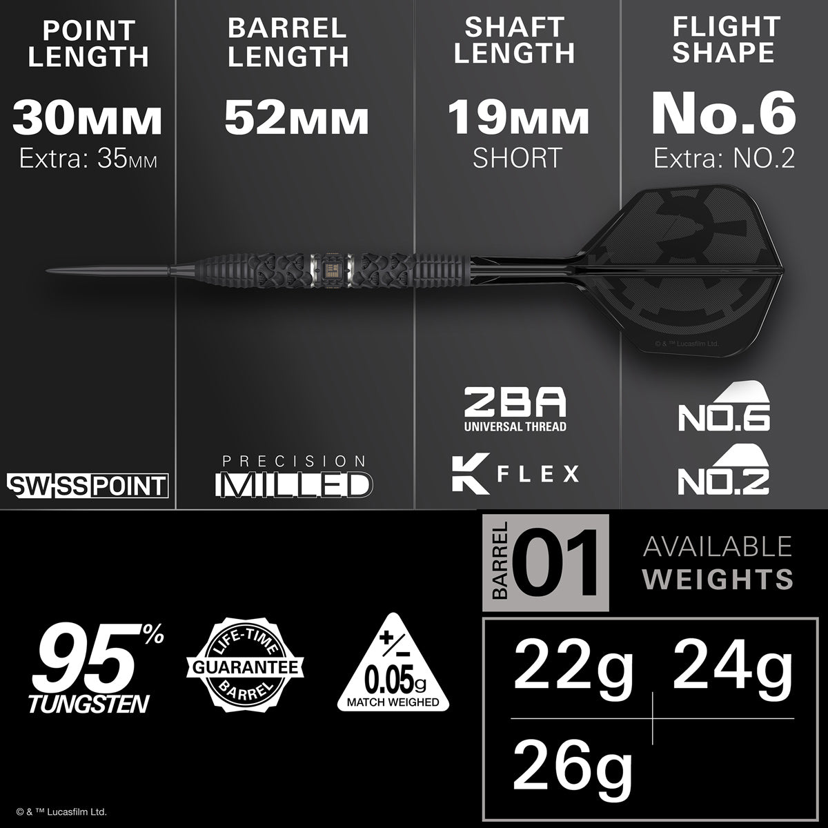 STAR WARS™ Darth Vader Steel Tip Darts specifications image showing barrel dimensions, weight, and technical details