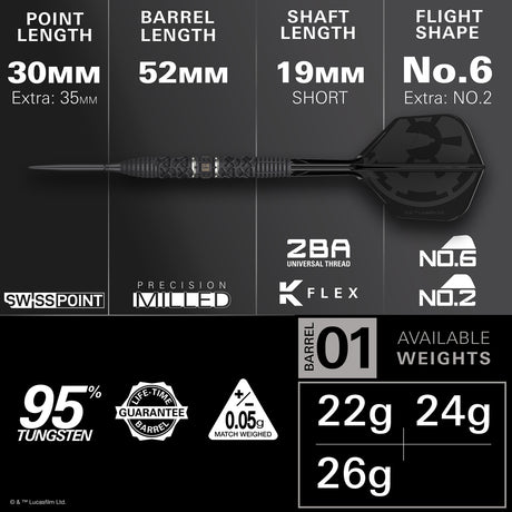 STAR WARS™ Darth Vader Steel Tip Darts specifications image showing barrel dimensions, weight, and technical details