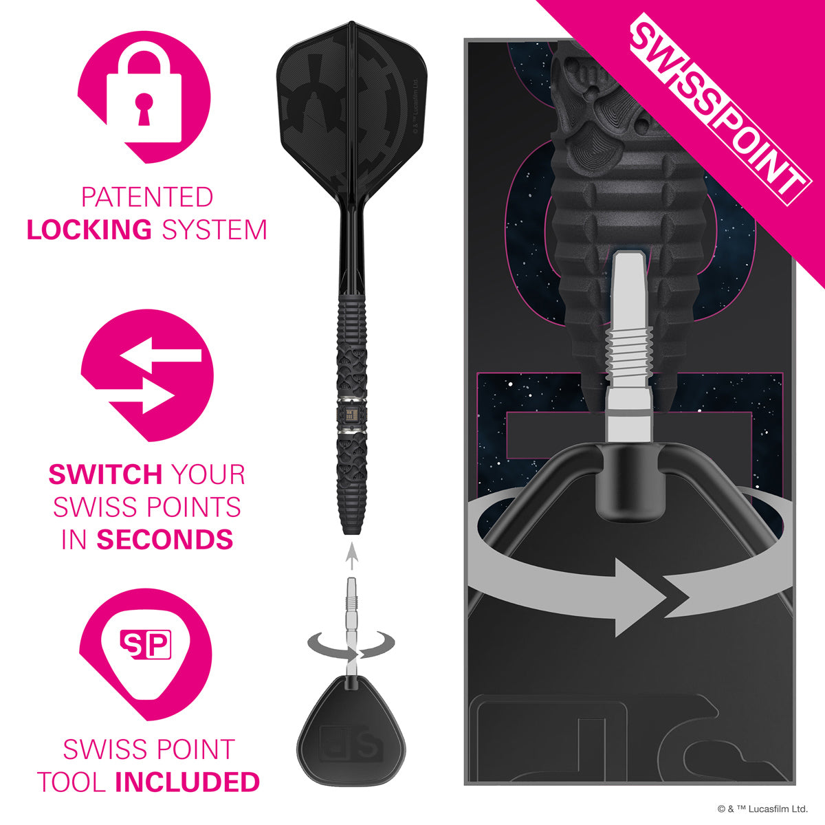 STAR WARS™ Darth Vader darts point system demonstration image showing interchangeable point technology