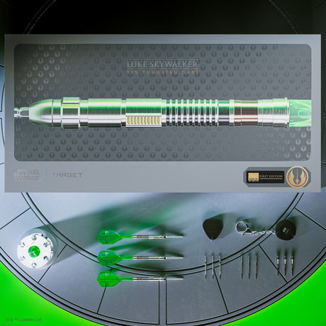STAR WARS™ Luke Skywalker Lightsaber Steel Tip Darts main product image showing the darts, collector packaging, flights, shafts, and included accessories