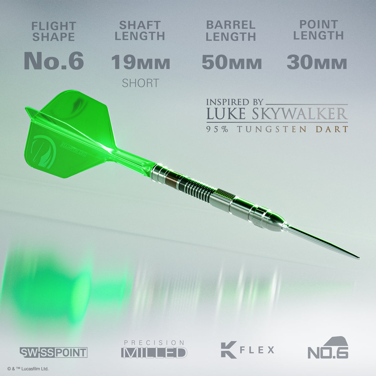 STAR WARS™ Luke Skywalker Lightsaber Steel Tip Darts specifications image showing barrel dimensions, weight, and technical details