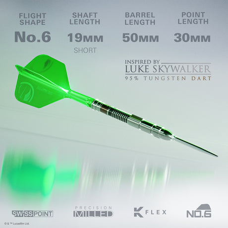 STAR WARS™ Luke Skywalker Lightsaber Steel Tip Darts specifications image showing barrel dimensions, weight, and technical details