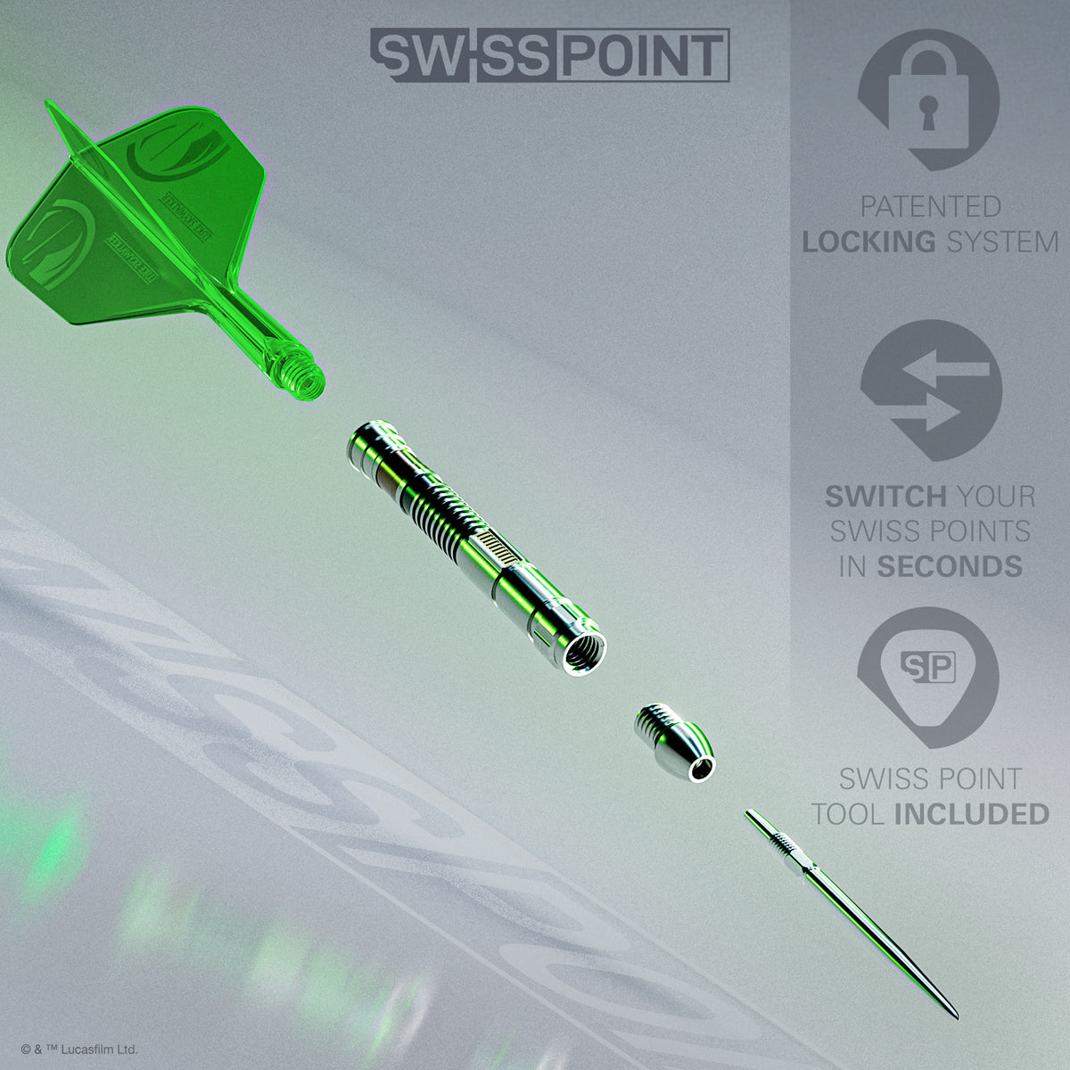 STAR WARS™ Luke Skywalker Lightsaber darts point system demonstration image showing interchangeable point technology