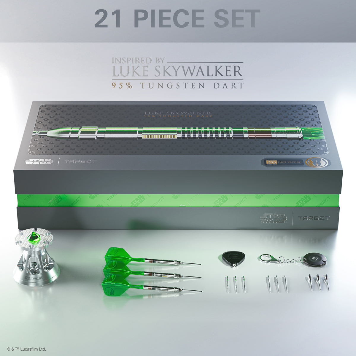 STAR WARS™ Luke Skywalker Lightsaber Steel Tip Darts contents image displaying everything included inside the collector box