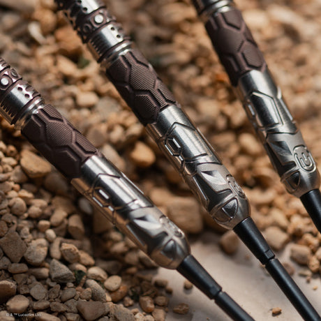 STAR WARS™ Mandalorian Steel Tip Darts close up image highlighting the barrel grip texture and precision machining detail