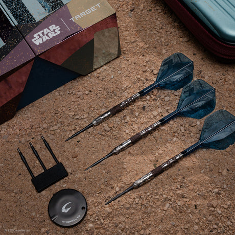 STAR WARS™ Mandalorian Steel Tip Darts main product image showing the darts, packaging, flights, shafts, and included accessories
