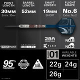 STAR WARS™ Mandalorian Steel Tip Darts specifications image showing barrel dimensions, weight, and technical details