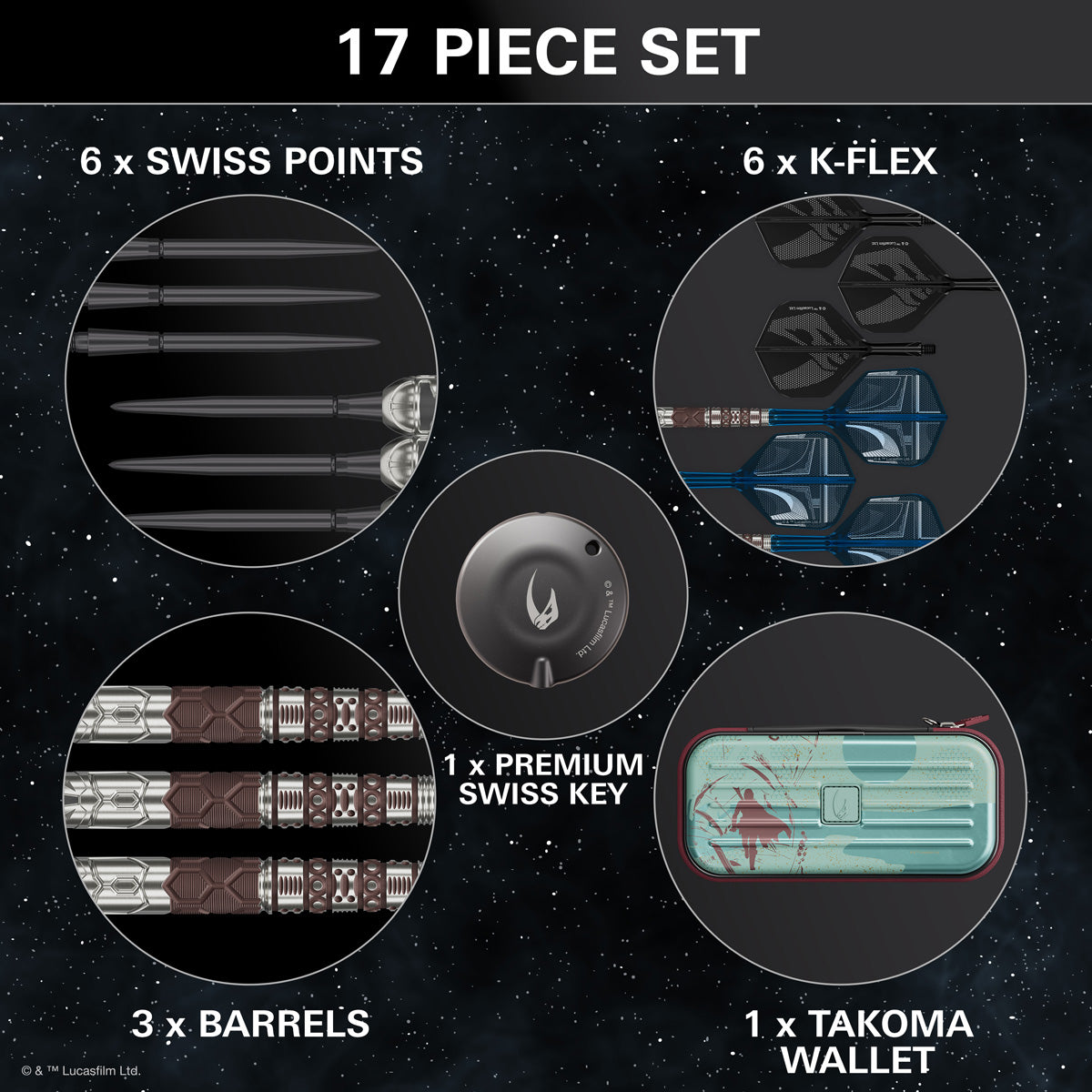 STAR WARS™ Mandalorian Steel Tip Darts contents image displaying everything included inside the box