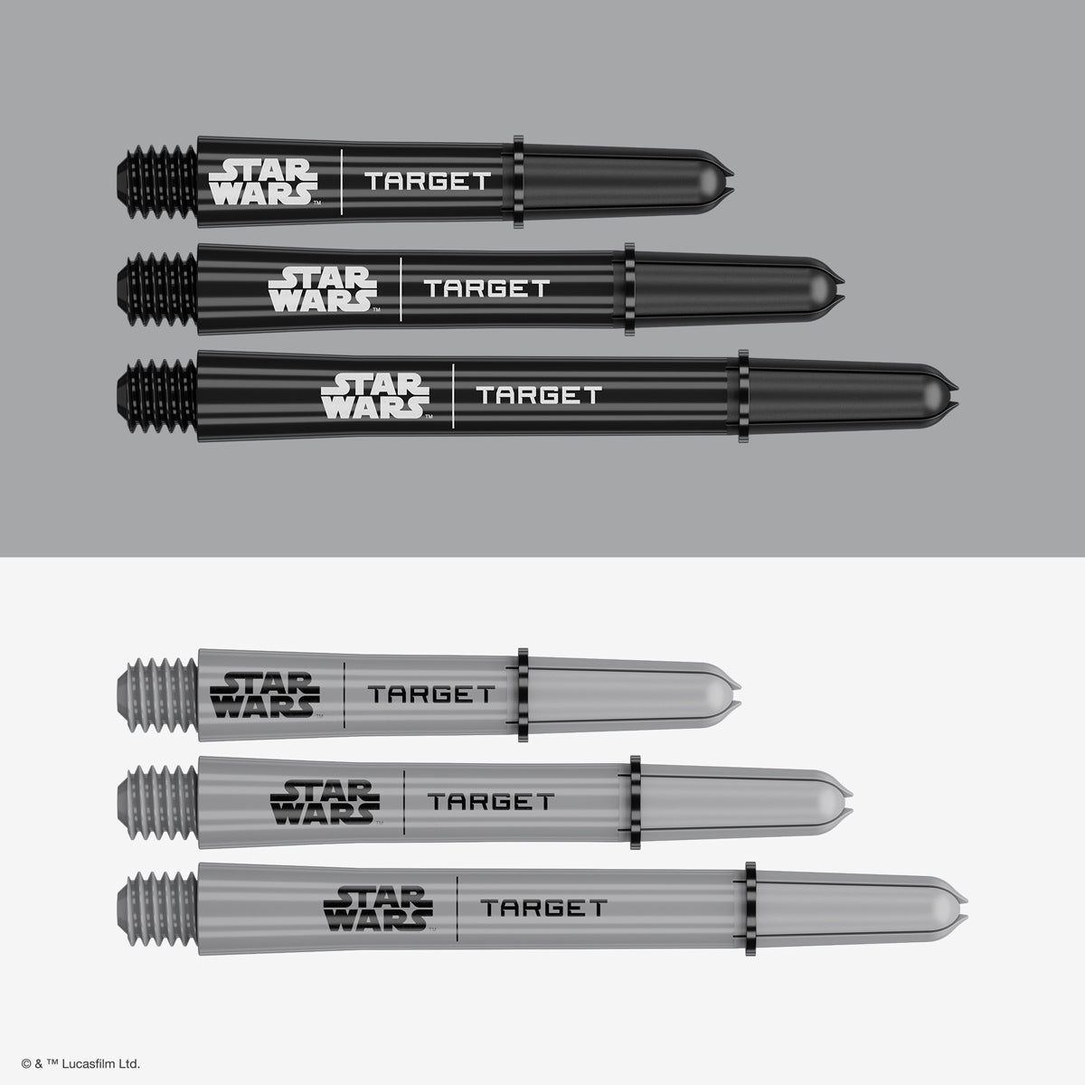 STAR WARS Target Pro Grip Dart Stems Shafts Black and Grey main product image showing the shafts, packaging, and included contents
