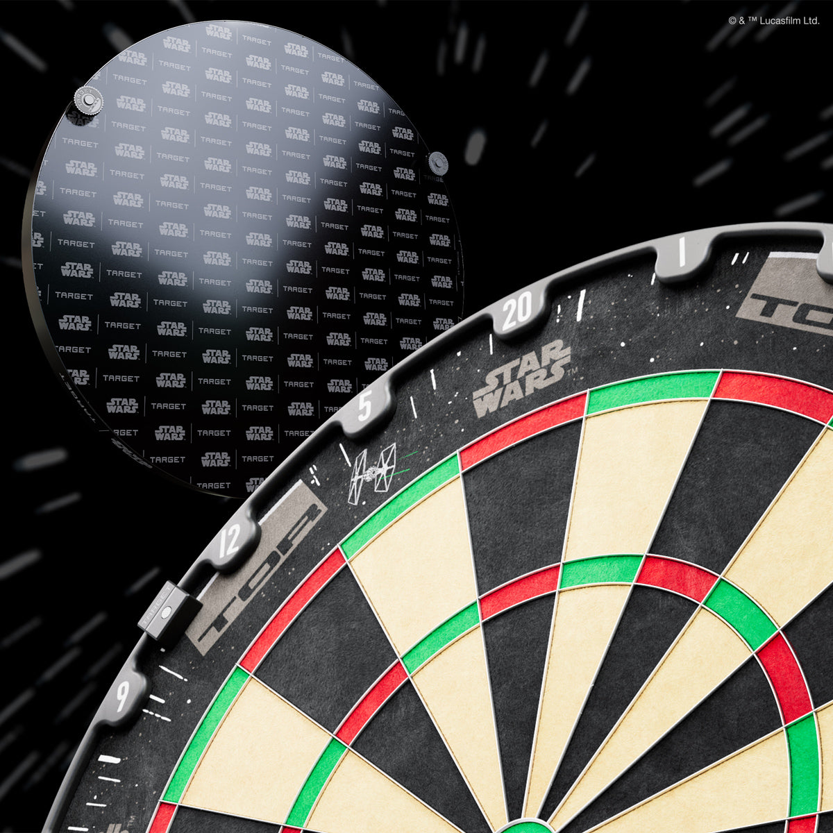 STAR WARS Target TOR Dartboard and Millennium Falcon Surround Bundle product image showing the dartboard close up and the rear of the dartboard with the Star Wars branding