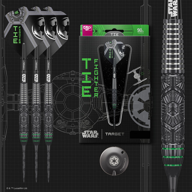 STAR WARS™ Tie Fighter Steel Tip Darts main product image showing the darts, packaging, flights, shafts, and included accessories