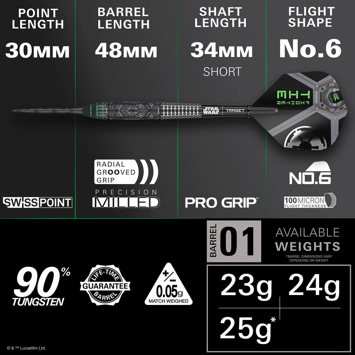 STAR WARS™ Tie Fighter Steel Tip Darts specifications image showing barrel dimensions, weight, and technical details