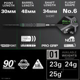 STAR WARS™ Tie Fighter Steel Tip Darts specifications image showing barrel dimensions, weight, and technical details