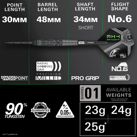 STAR WARS™ Tie Fighter Steel Tip Darts specifications image showing barrel dimensions, weight, and technical details