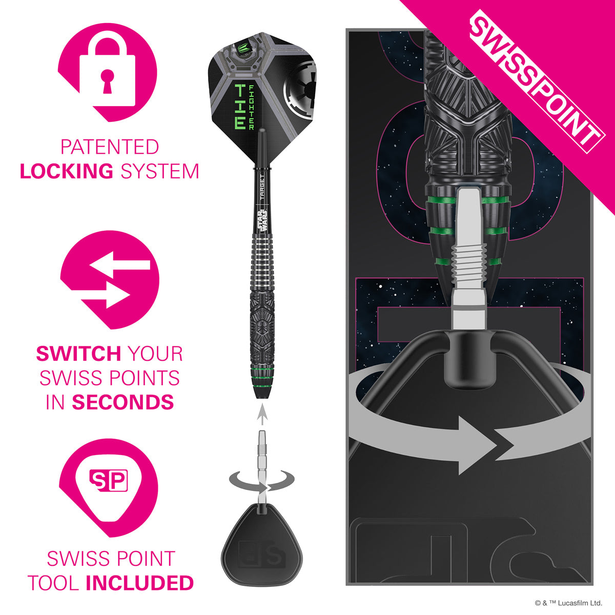 STAR WARS™ Tie Fighter darts point system demonstration image showing interchangeable point technology
