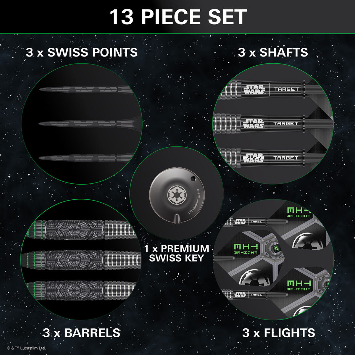 STAR WARS™ Tie Fighter Steel Tip Darts contents image displaying everything included inside the box