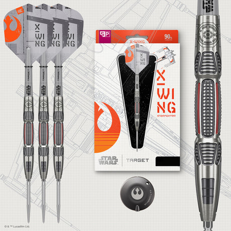 STAR WARS™ X Wing Steel Tip Darts main product image showing the darts, packaging, flights, shafts, and included accessories