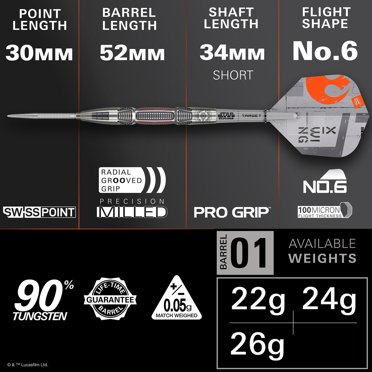 STAR WARS™ X Wing Steel Tip Darts specifications image showing barrel dimensions, weight, and technical details