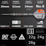 STAR WARS™ X Wing Steel Tip Darts specifications image showing barrel dimensions, weight, and technical details