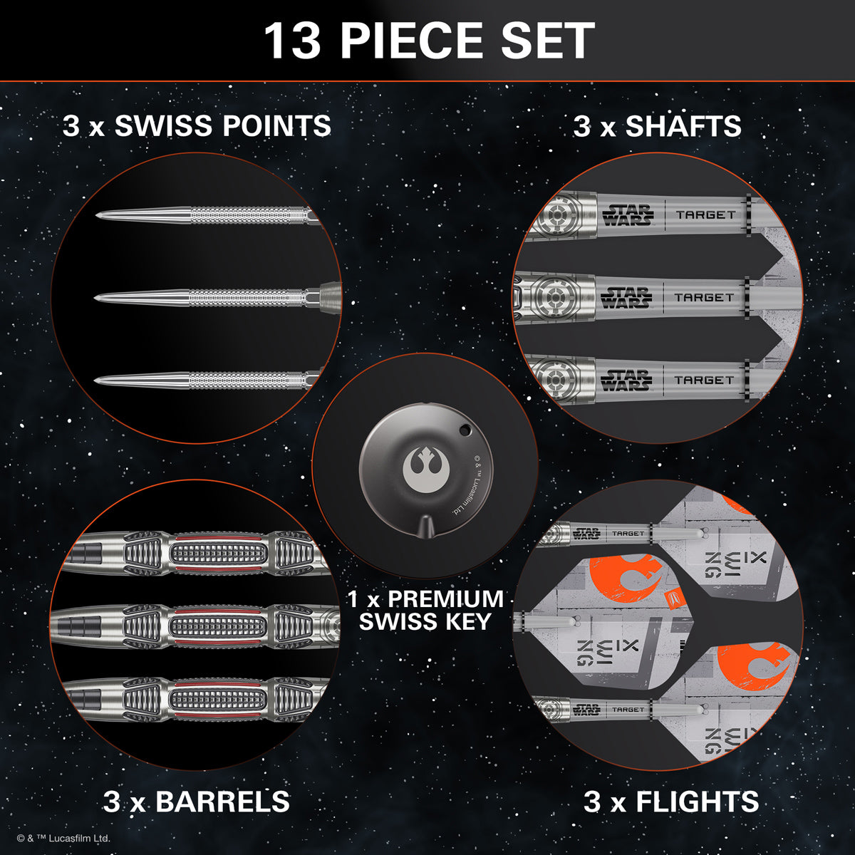 STAR WARS™ X Wing Steel Tip Darts contents image displaying everything included inside the box