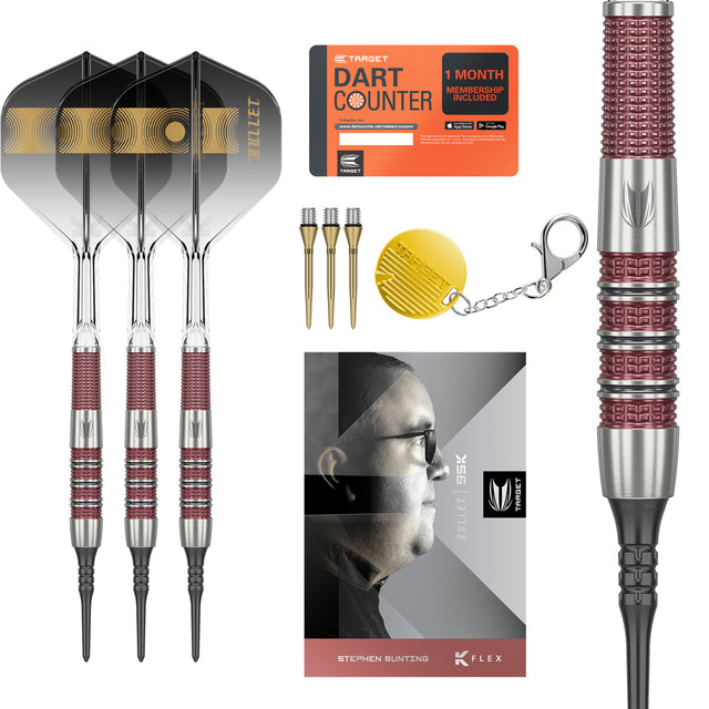 Stephen Bunting 95K Soft Tip Darts main product image showing the darts, packaging, flights, shafts, and included accessories