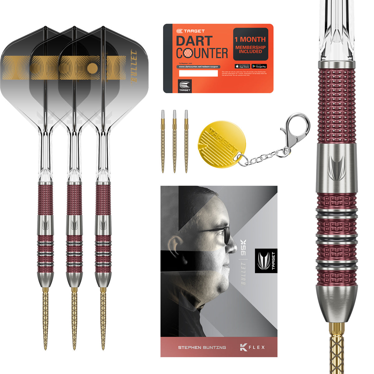 Stephen Bunting 95K SP Steel Tip Darts main product image showing the darts, packaging, flights, shafts, and included accessories