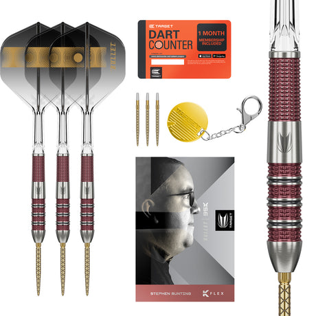 Stephen Bunting 95K SP Steel Tip Darts main product image showing the darts, packaging, flights, shafts, and included accessories