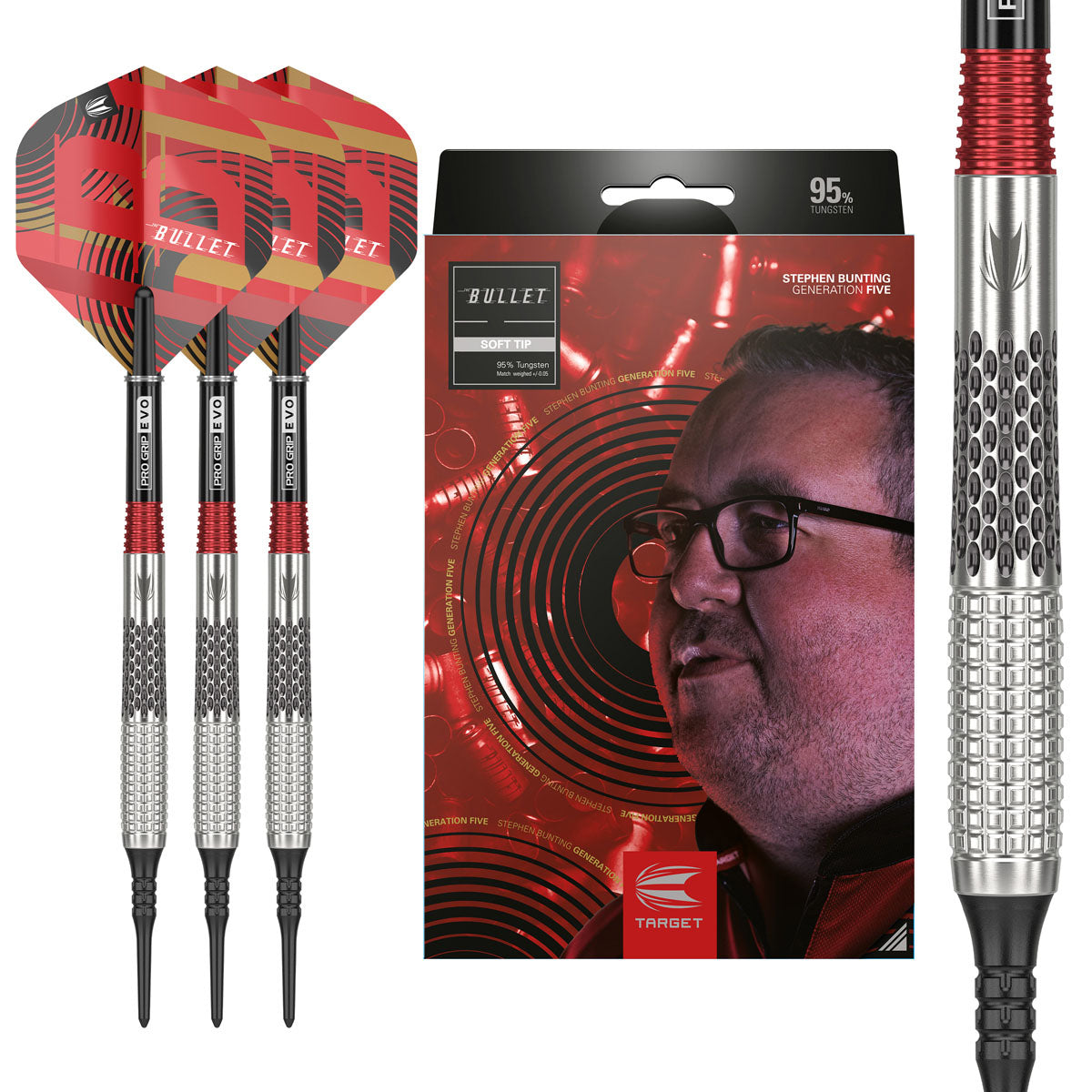 Stephen Bunting G5 Soft Tip Darts main product image showing the darts, packaging, flights, shafts, and included accessories