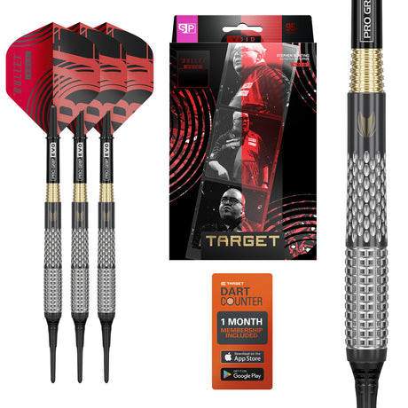 Stephen Bunting G5 Void Soft Tip Darts main product image showing the darts, packaging, flights, shafts, and included accessories