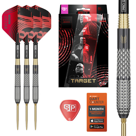 Stephen Bunting G5 Void SP Steel Tip Darts main product image showing the darts, packaging, flights, shafts, and included accessories