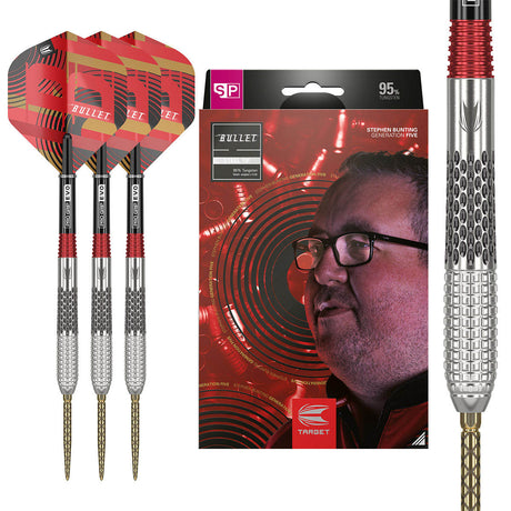 Stephen Bunting Gen 5 SP Steel Tip Darts main product image showing the darts, presentation box, flights, shafts, and supplied accessories
