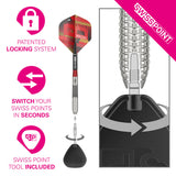 Stephen Bunting Gen 5 SP Steel Tip Darts Swiss Point demonstration image showing the interchangeable point technology
