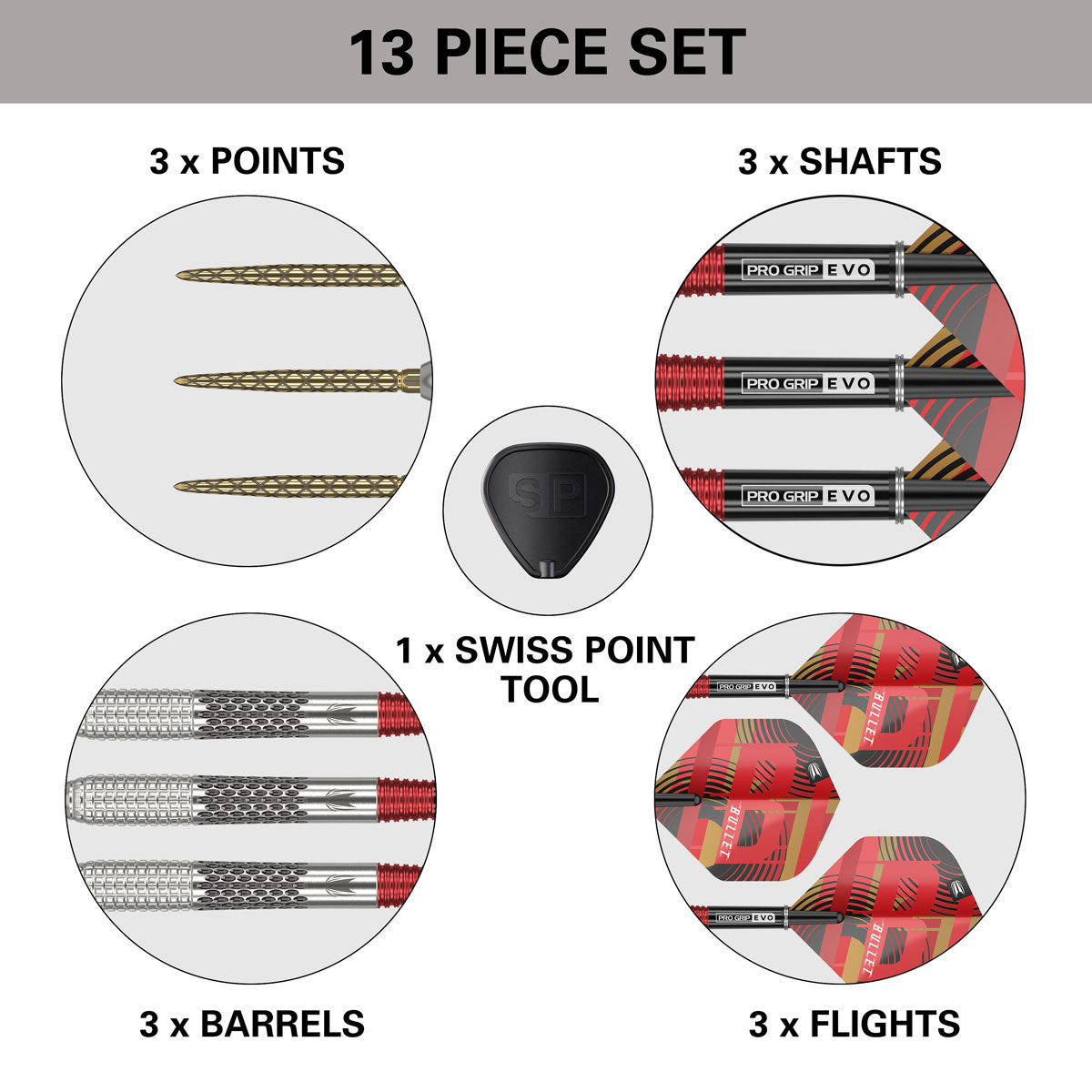 Stephen Bunting Gen 5 SP Steel Tip Darts contents image displaying all included accessories and components inside the box