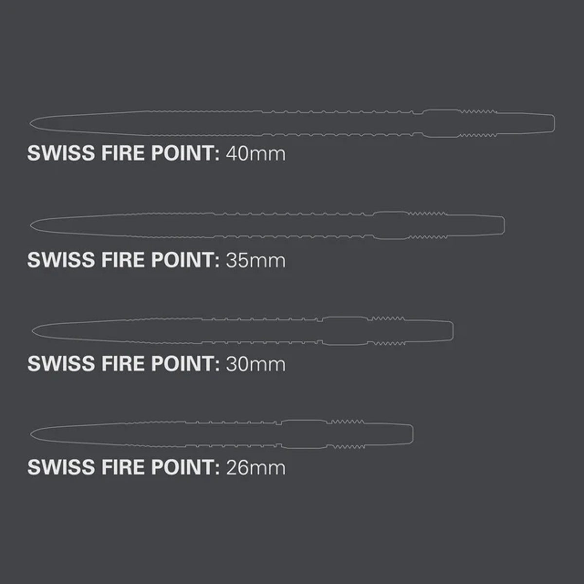 Target Swiss Firepoint Replacement Dart Points image comparing the available Swiss Point lengths