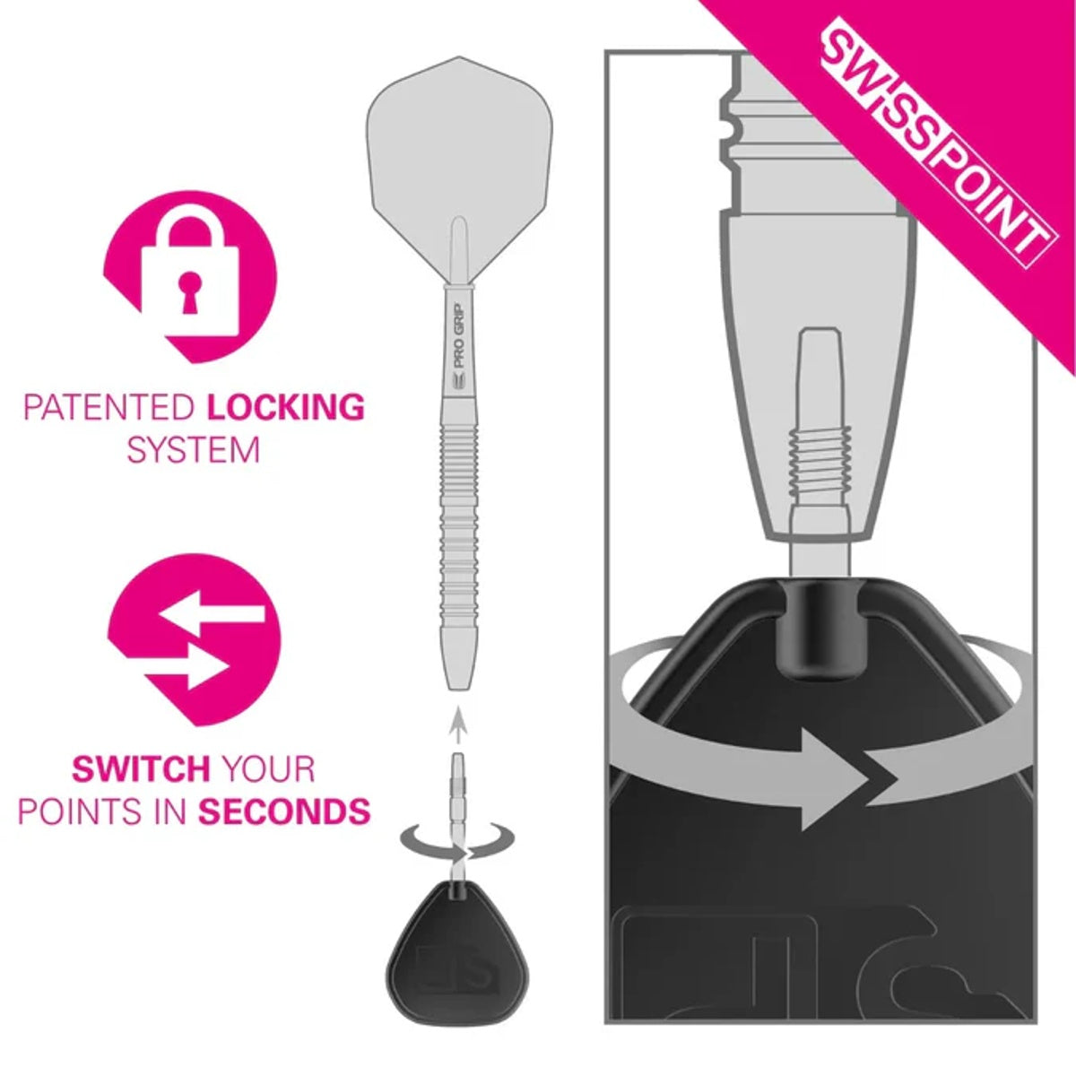 Target Swiss GRD Points Gold image demonstrating the Swiss Point locking system and removable point technology
